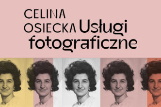Grafika. Na górze na różowym tle napis Celina Osiecka. Usługi fotograficzne. Poniżej wielokrotny portret uśmiechniętej Celiny Osieckiej z nałożonym filtrem w różnych pastelowych kolorach.